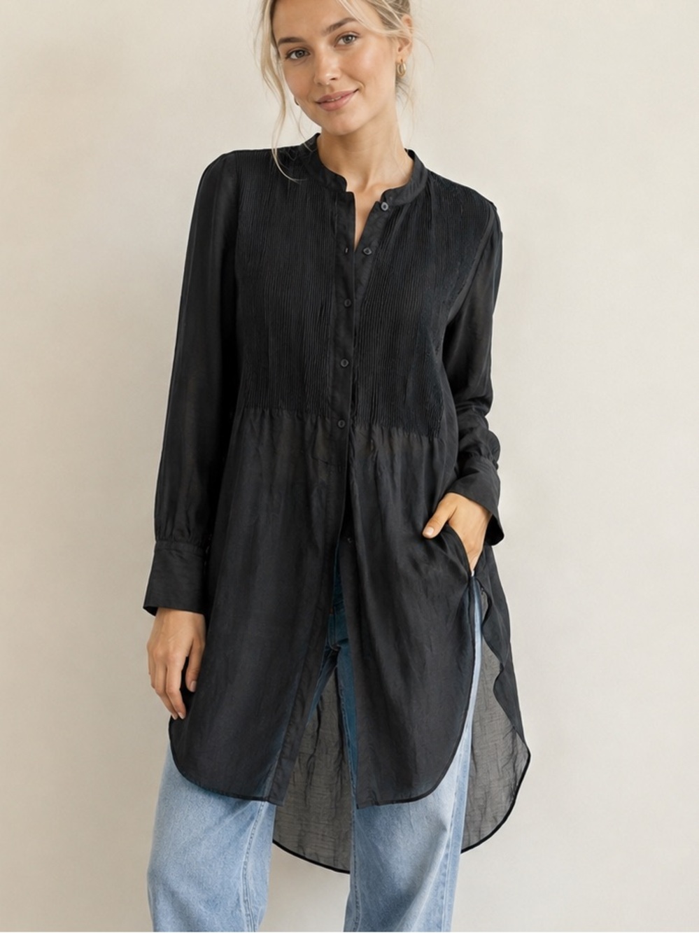 Massimo Dutti Woven Longline Button-Up Tunic Top - Black Sz S